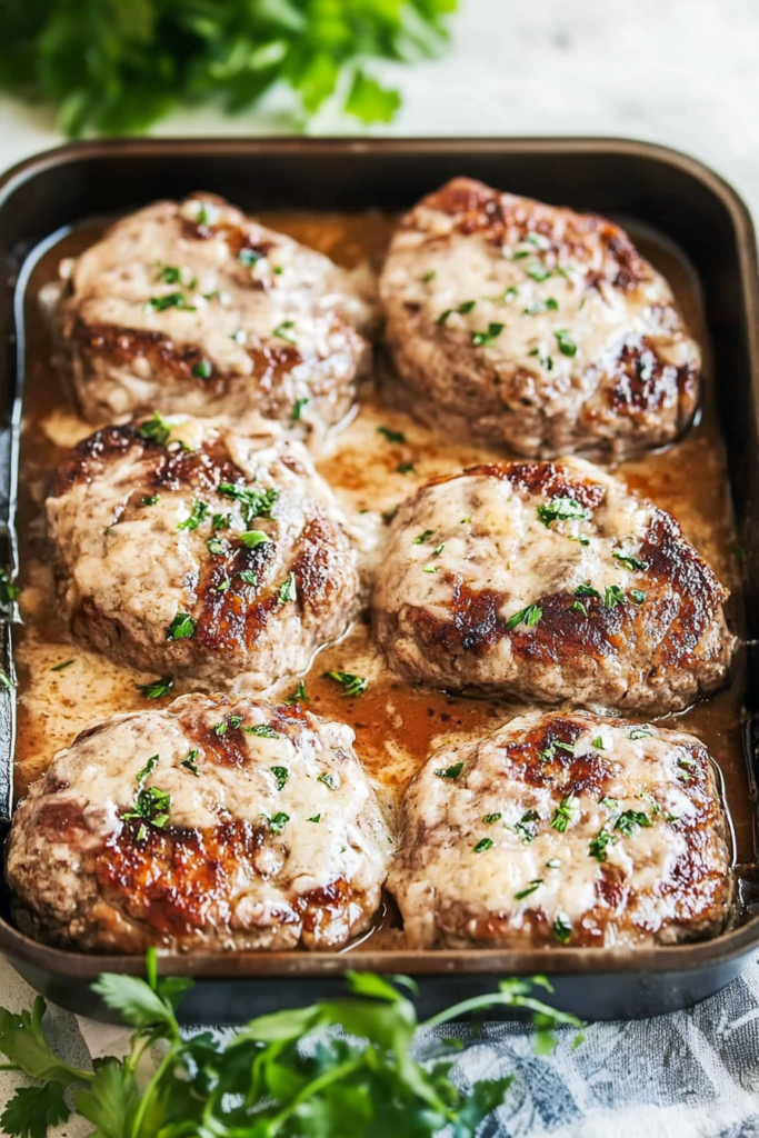 Homestyle beef patties cooked until tender and served with savory gravy.
