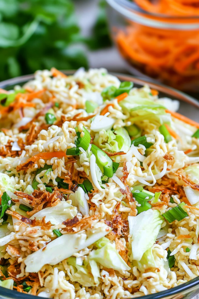 Final plated shot of a bright, crunchy salad with green onions and sesame dressing.