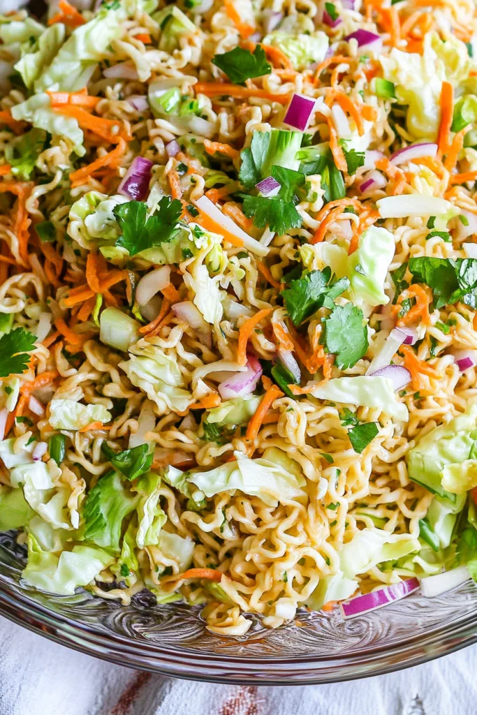 Close-up of shredded cabbage and carrots mixed with golden fried noodles.
