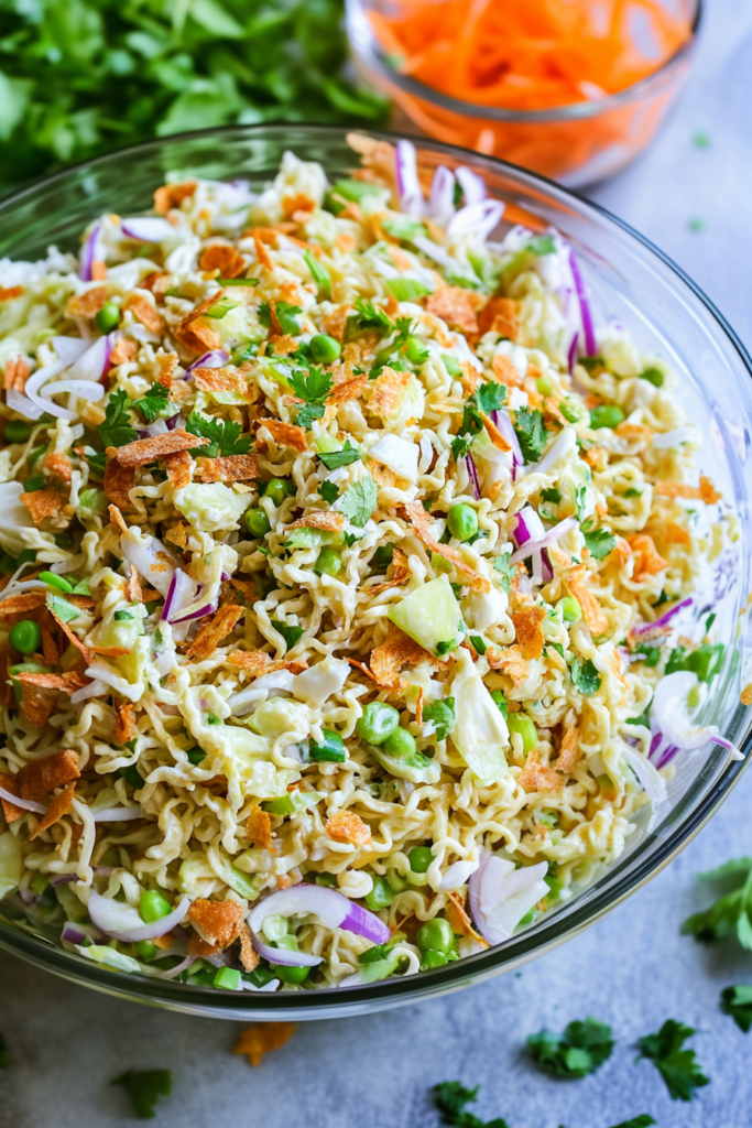 Ramen noodle salad tossed with sesame seeds and fresh vegetables, ready to serve.