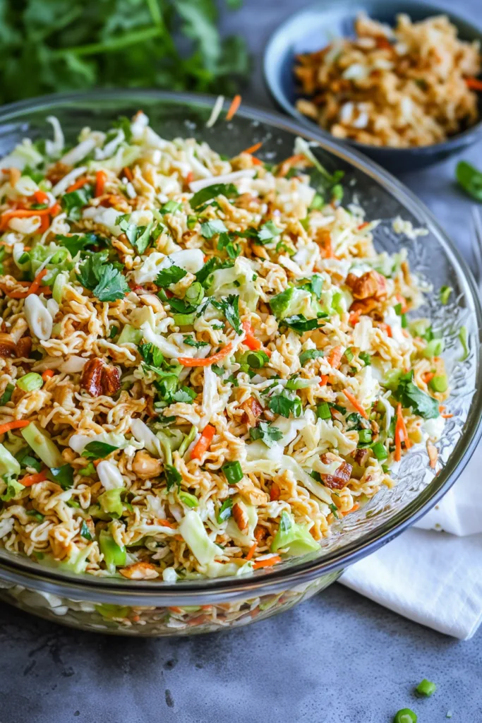 Classic ramen noodle salad, garnished with crispy noodles and colorful vegetables.