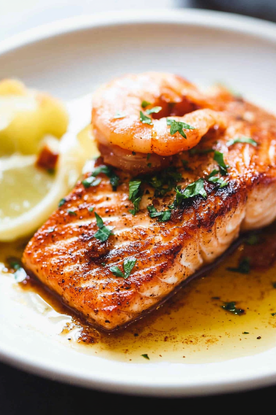 Close-up of salmon topped with fresh herbs and drizzled with savory brown sauce.