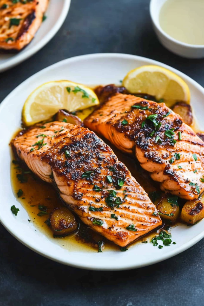 Elegant dinner plate featuring seasoned salmon, crispy potatoes, and a touch of sauce.