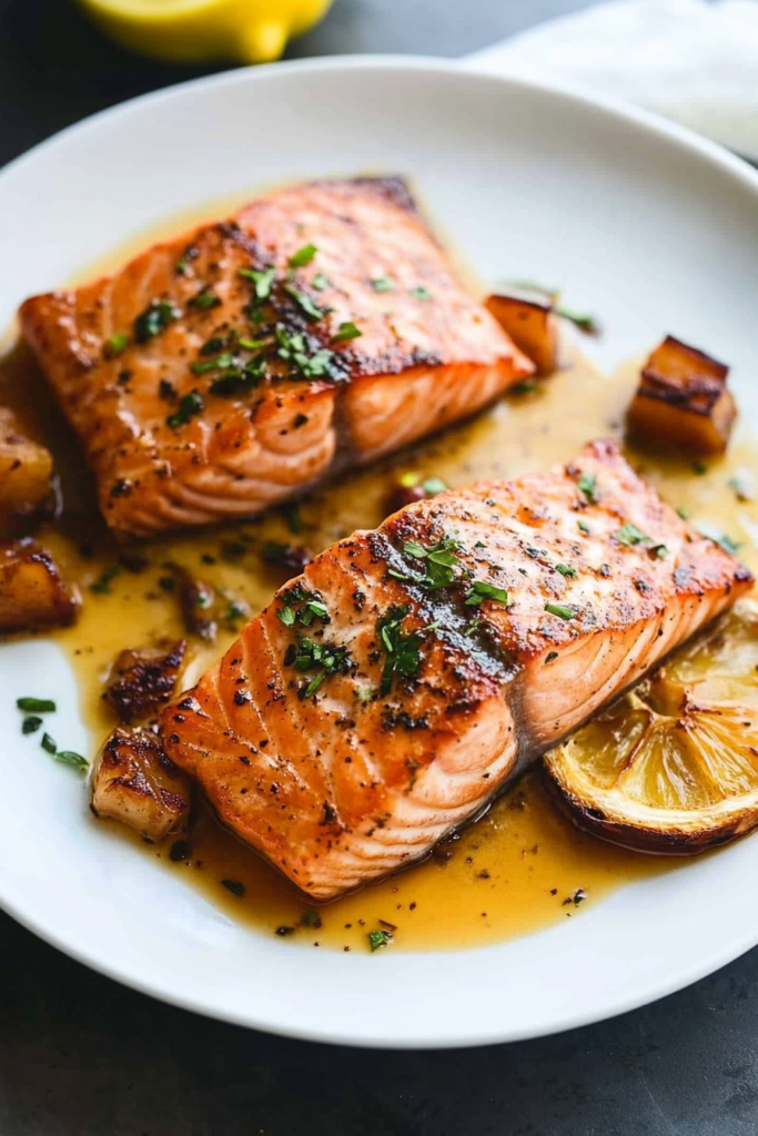 Grilled salmon fillets with caramelized crust, served alongside roasted baby potatoes and lemon wedges.