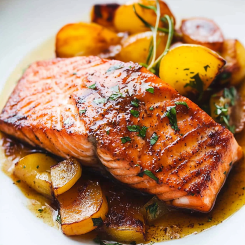 Final presentation highlighting golden salmon fillets paired with roasted potatoes and fresh lemon.