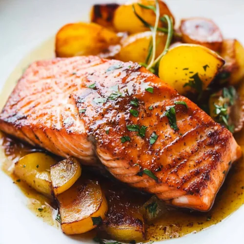Final presentation highlighting golden salmon fillets paired with roasted potatoes and fresh lemon.