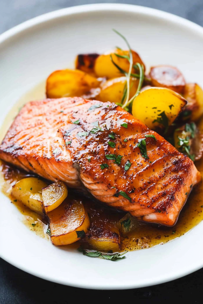 Final presentation highlighting golden salmon fillets paired with roasted potatoes and fresh lemon.