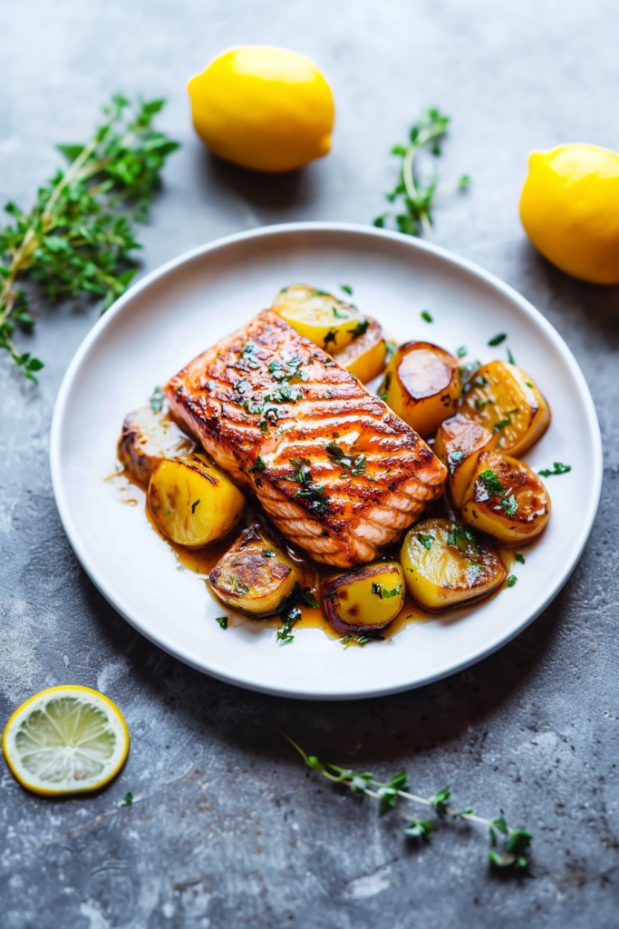 Salmon New Orleans Recipe plated with potatoes and citrus garnish on a white dish.