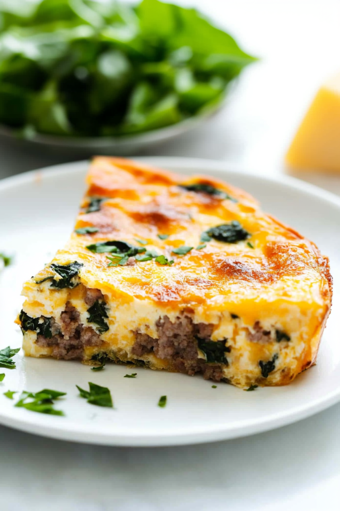 Overhead view of a fluffy baked egg dish with crisp edges, leafy greens, and pockets of melted cheese.