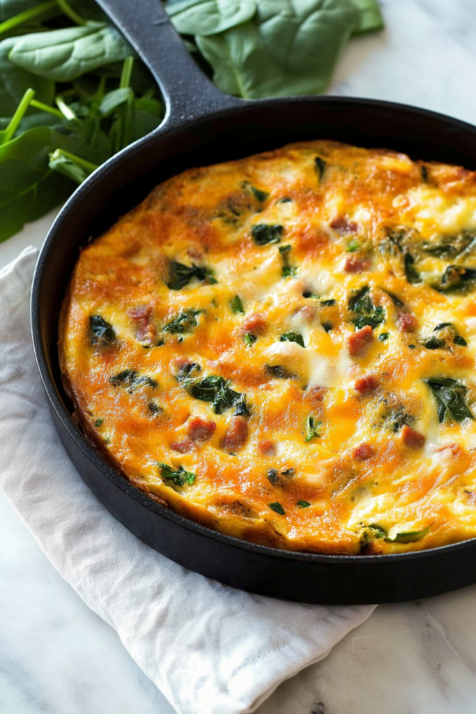 Close-up of a cheesy baked egg dish with green spinach leaves and small bits of sausage in a cast-iron pan.