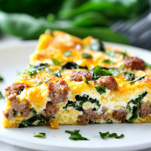 Freshly baked skillet egg dish with a lightly browned top and visible sausage and spinach throughout.