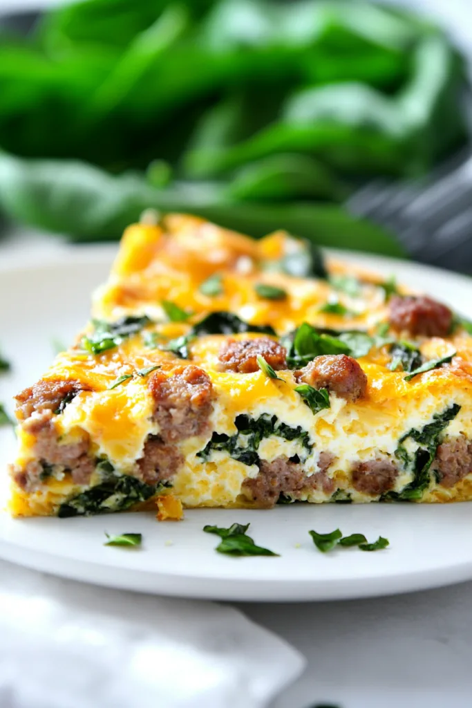 Freshly baked skillet egg dish with a lightly browned top and visible sausage and spinach throughout.