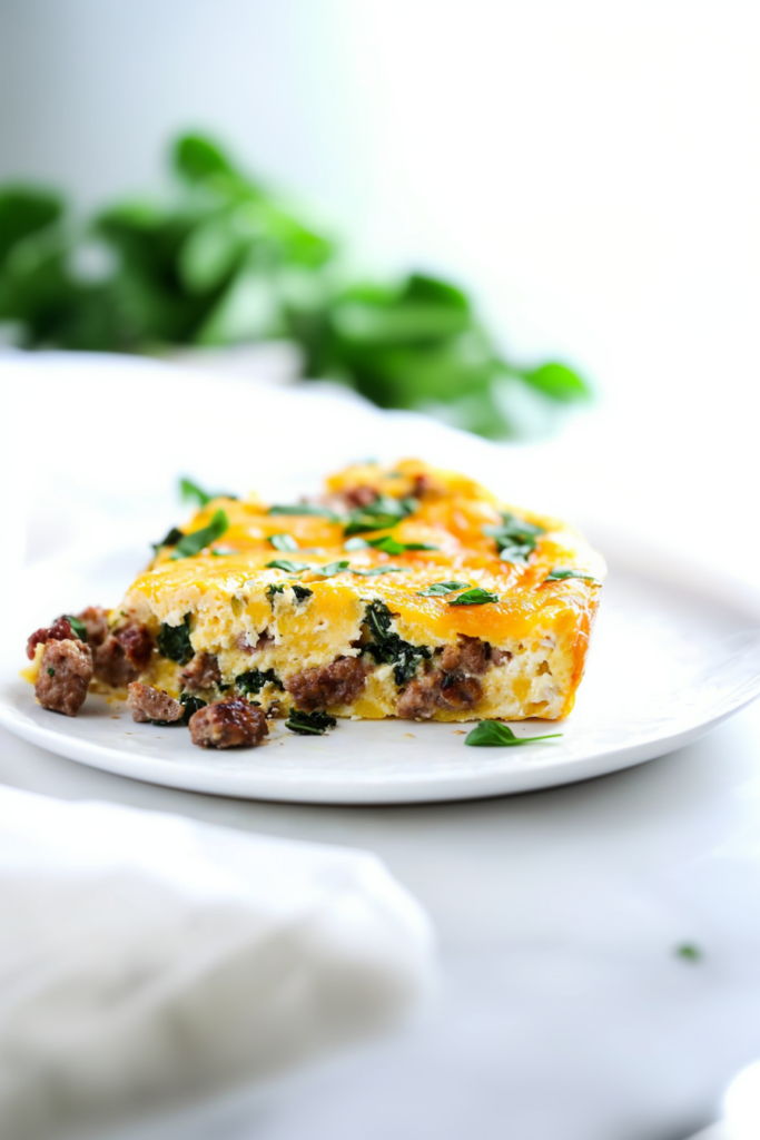 A golden baked egg dish in a cast-iron skillet with melted cheese, wilted spinach, and browned sausage pieces.