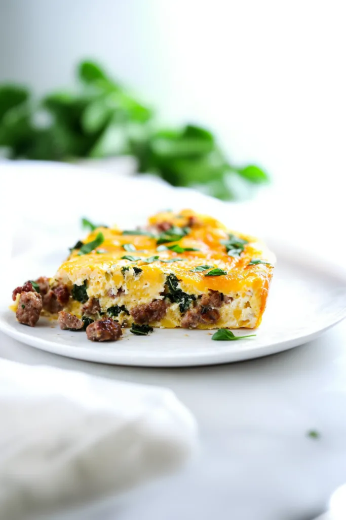 A golden baked egg dish in a cast-iron skillet with melted cheese, wilted spinach, and browned sausage pieces.