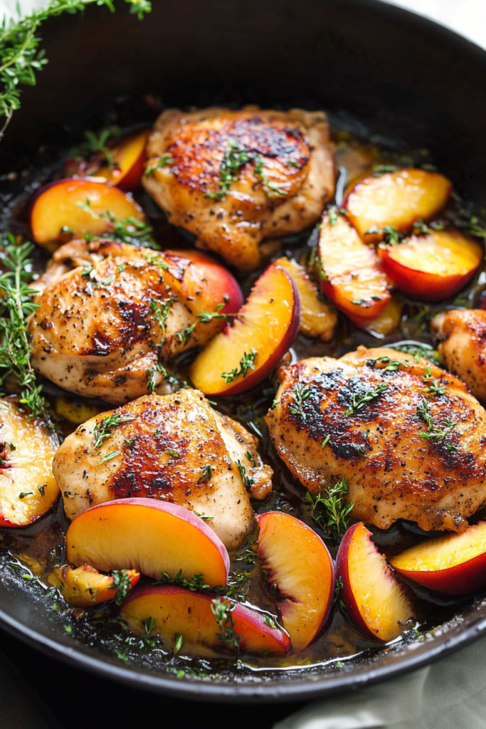 Finished dish of roasted chicken and peaches in a rustic serving pan.