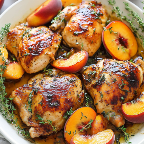 Golden-browned chicken thighs cooked with fresh peaches in a light herb pan sauce.