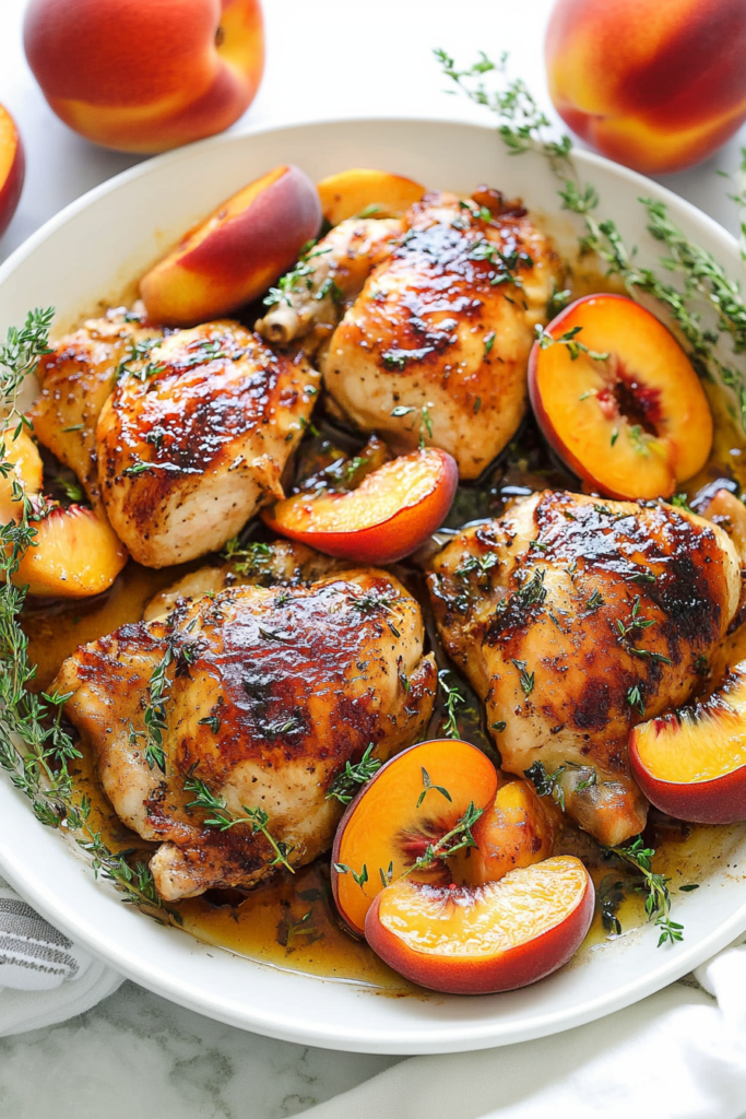 Golden-browned chicken thighs cooked with fresh peaches in a light herb pan sauce.