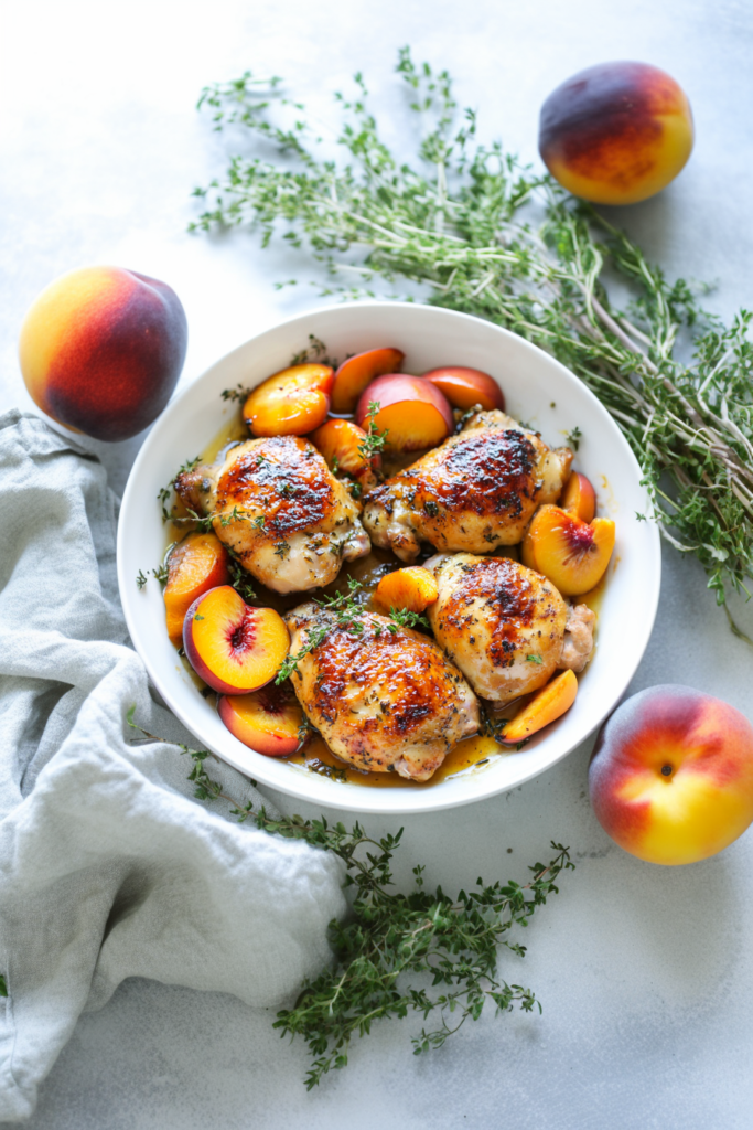 Juicy roasted chicken served with caramelized peach slices and thyme.