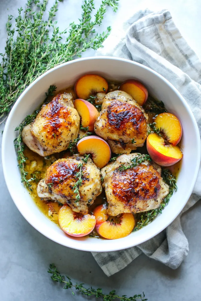 Skillet chicken with tender peaches and glossy savory sauce.