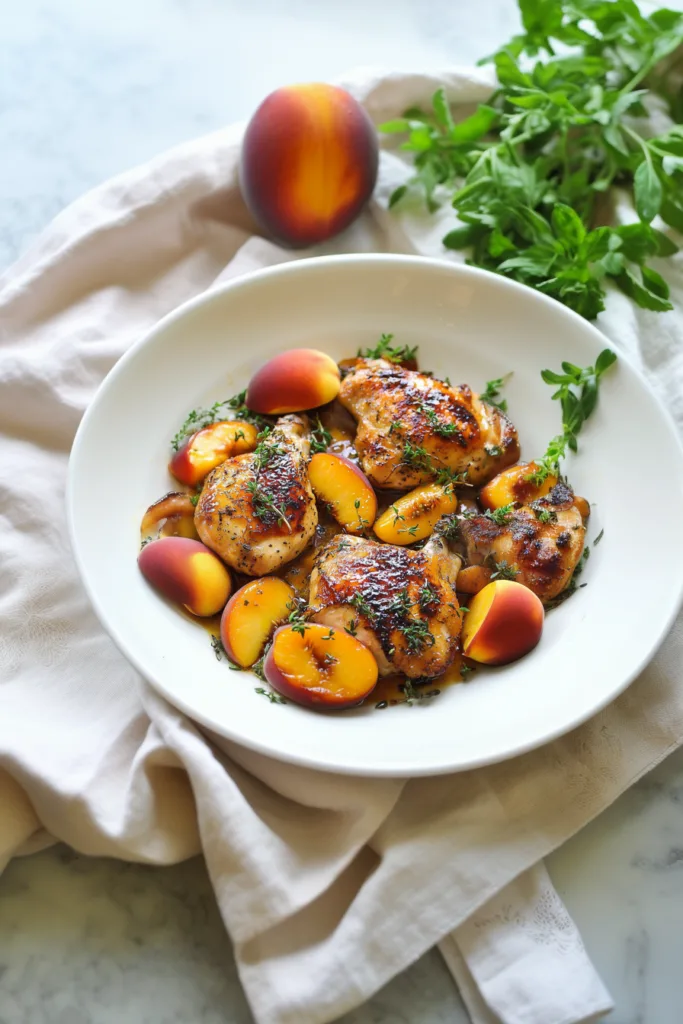 Pan-seared chicken pieces with ripe peaches and fresh herbs.