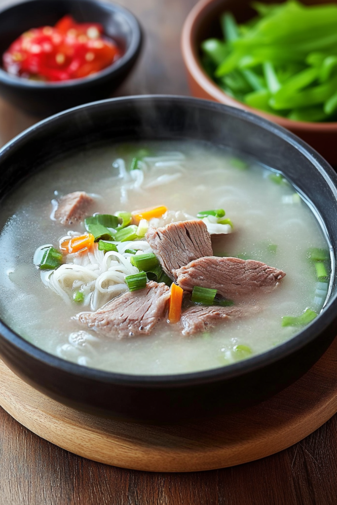 Rustic presentation of hot noodle soup in a ceramic bowl, surrounded by chili and greens.