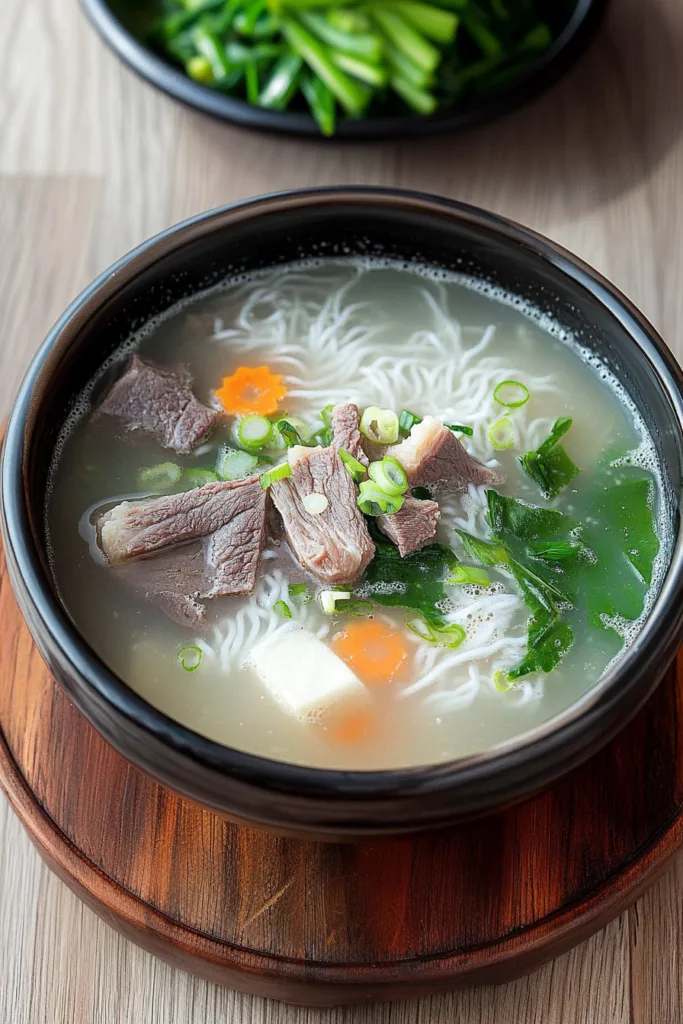 Final plated shot of Korean beef bone soup, garnished with fresh vegetables.
