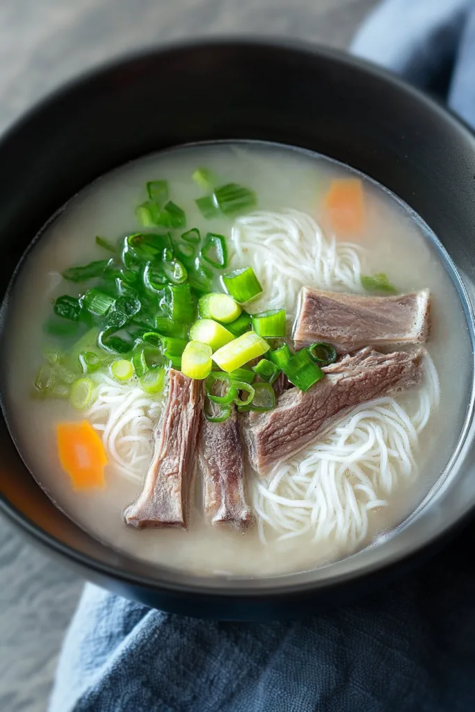 Close-up of tender beef slices and glass noodles in a traditional Korean seolleongtang recipe.