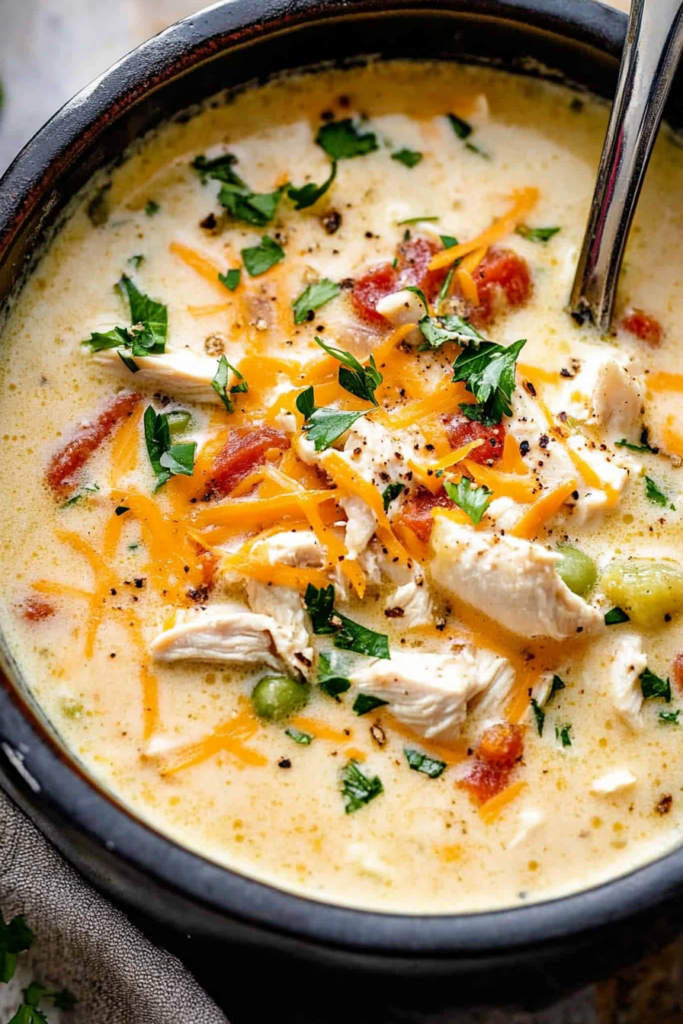 Close-up of hearty soup with shredded chicken, diced tomatoes, and golden broth.