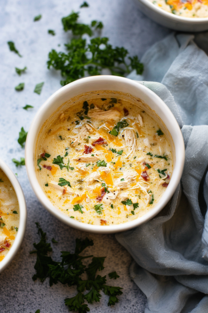 Final plated shot of thick, comforting soup garnished with fresh herbs and black pepper.