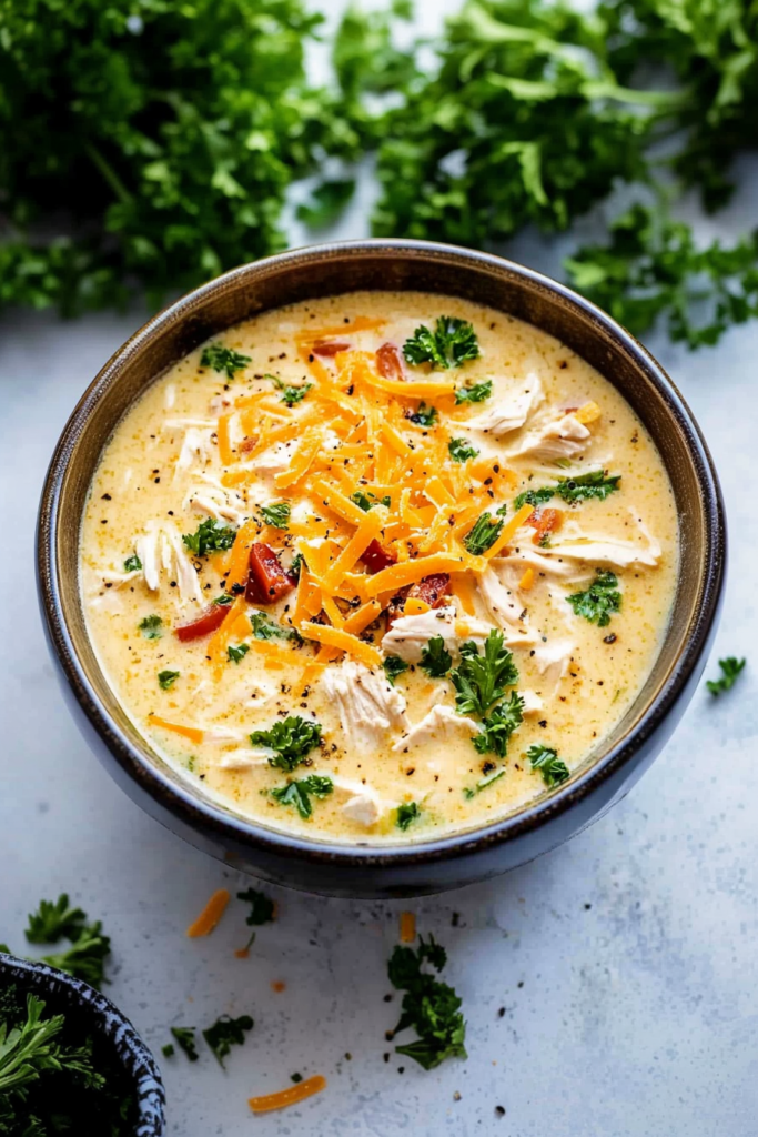 Slow cooker crack chicken potato soup served hot, rich with cheese and tender chicken pieces.