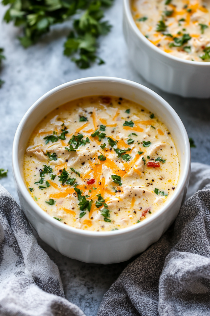 A creamy bowl of chicken and potato soup topped with melted cheddar and parsley.