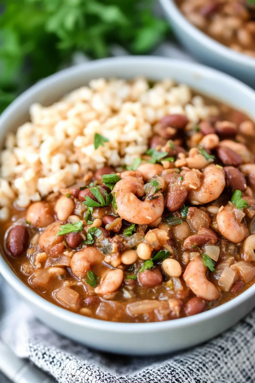 Classic Hoppinโ John made in the slow cooker, rich and comforting with beans and rice.
