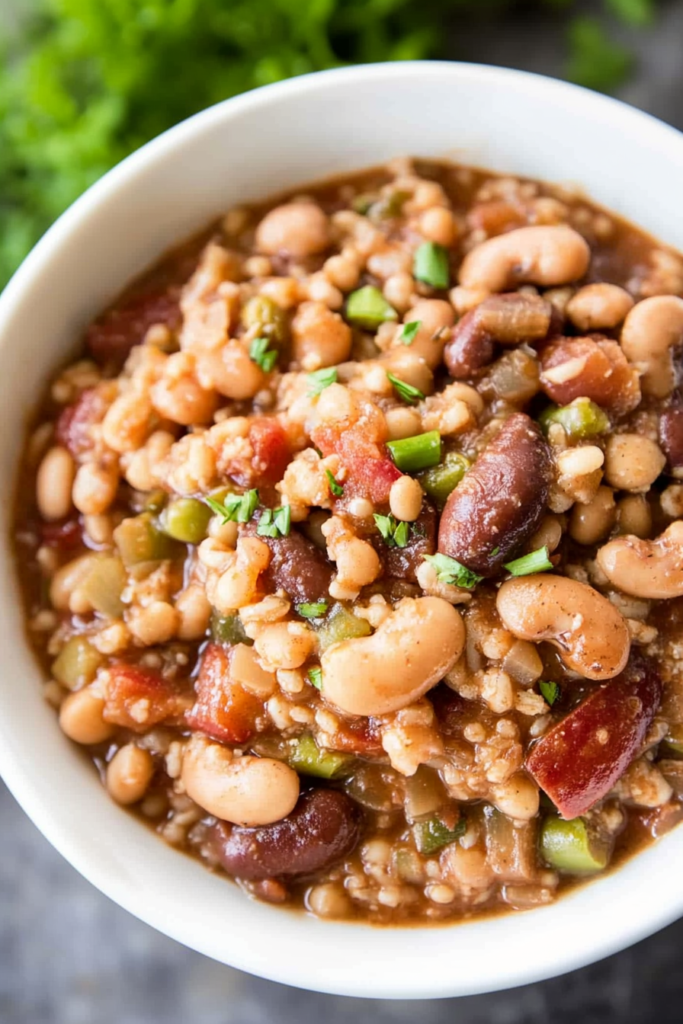A hearty bowl of beans and rice stew garnished with fresh herbs.