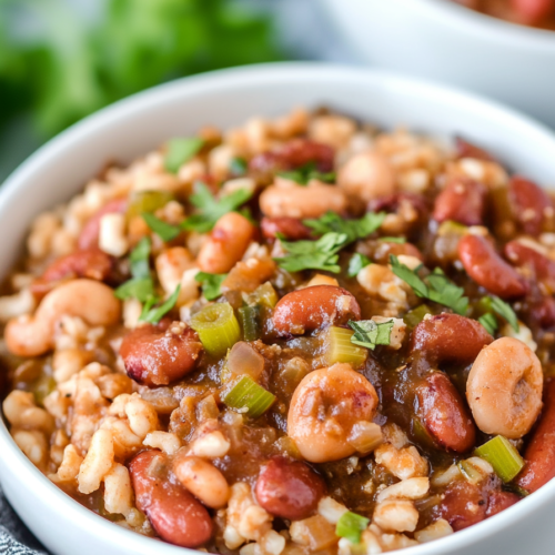 Final plated shot of Southern-style stew with kidney beans, celery, and fresh parsley.
