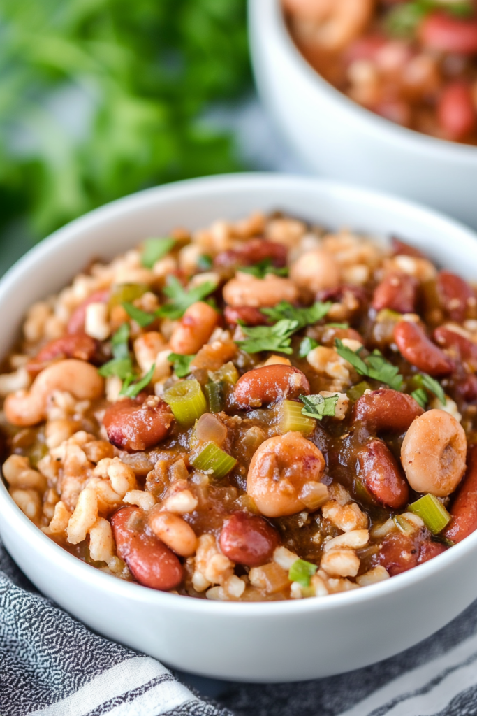 Final plated shot of Southern-style stew with kidney beans, celery, and fresh parsley.