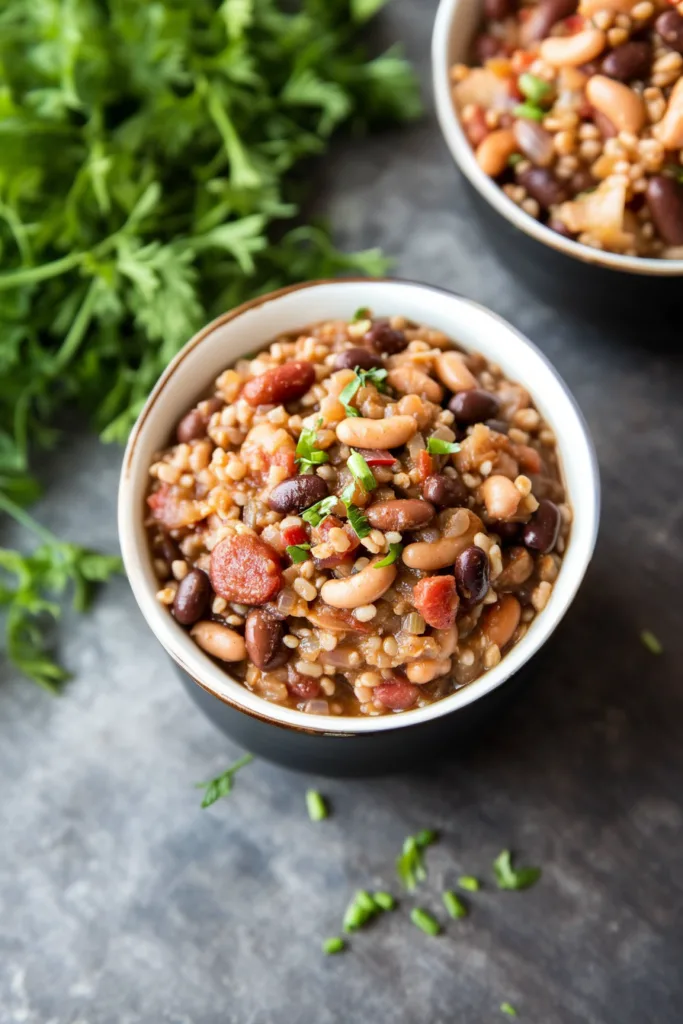 Slow cooker Hoppin’ John served warm, filled with tender beans, rice, and smoky flavor.