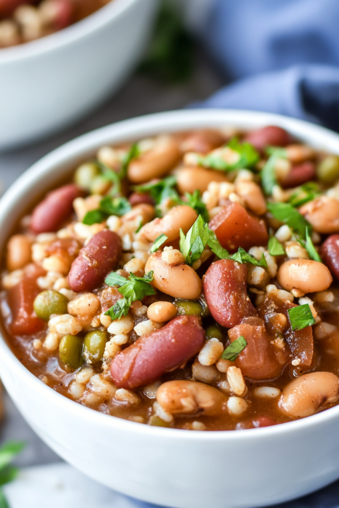 Close-up of colorful beans and rice in a thick, savory broth.