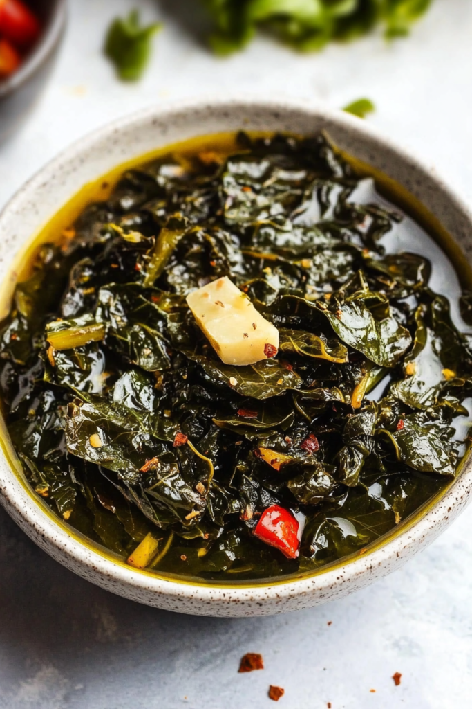 Southern collard greens simmered with smoky ham, glossy and ready to enjoy.