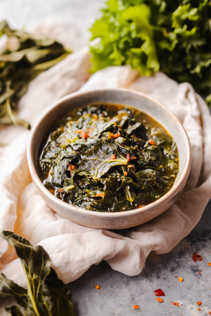 Final plated shot of collard greens cooked low and slow, rich with savory flavor.