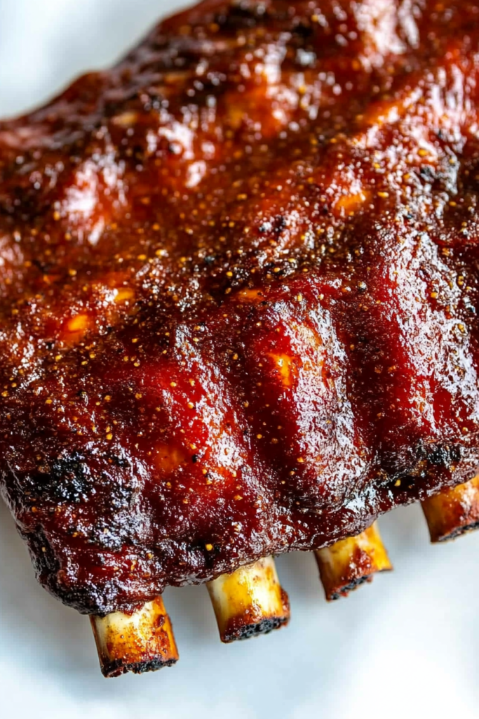 Close-up of saucy pork ribs with a glossy, caramelized surface.