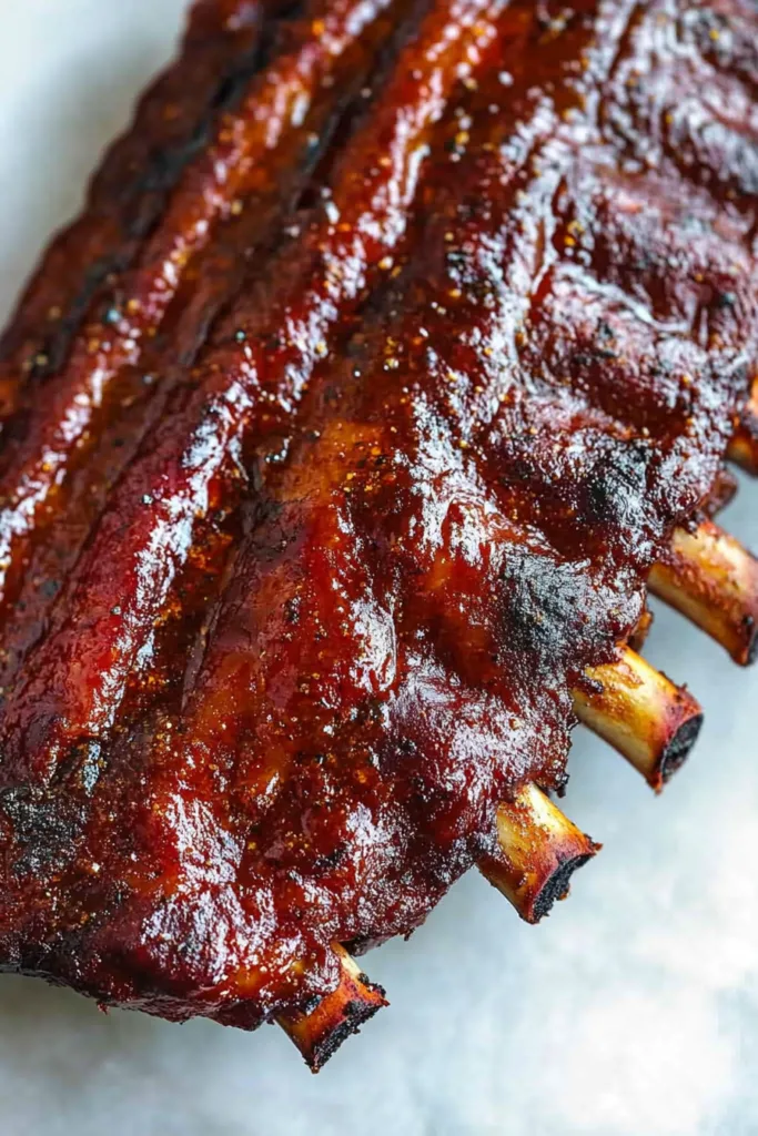 Saucy pork ribs with a glossy, caramelized surface and exposed bones.