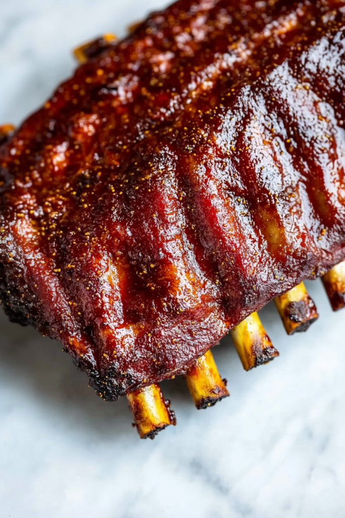 Slow-cooked ribs with a deep reddish-brown glaze and smoky texture.