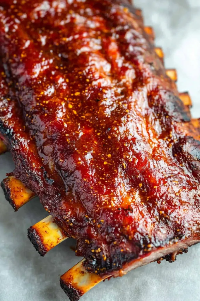 Juicy pork ribs resting on a plate, brushed with rich barbecue sauce.