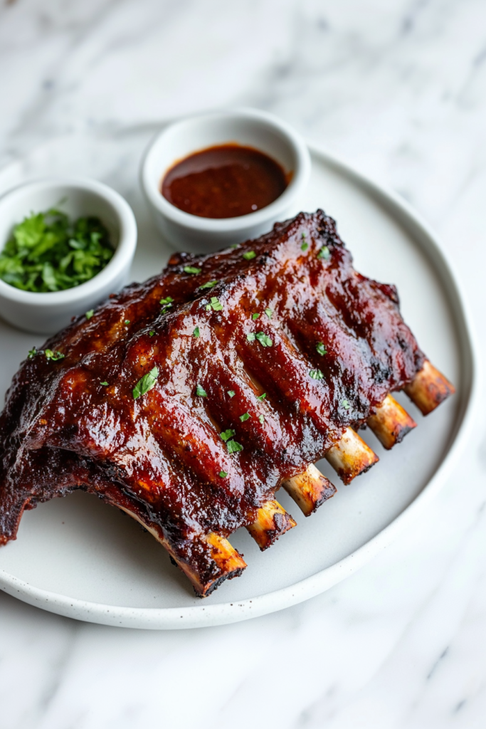 Meaty pork ribs brushed with barbecue sauce, ready to serve.