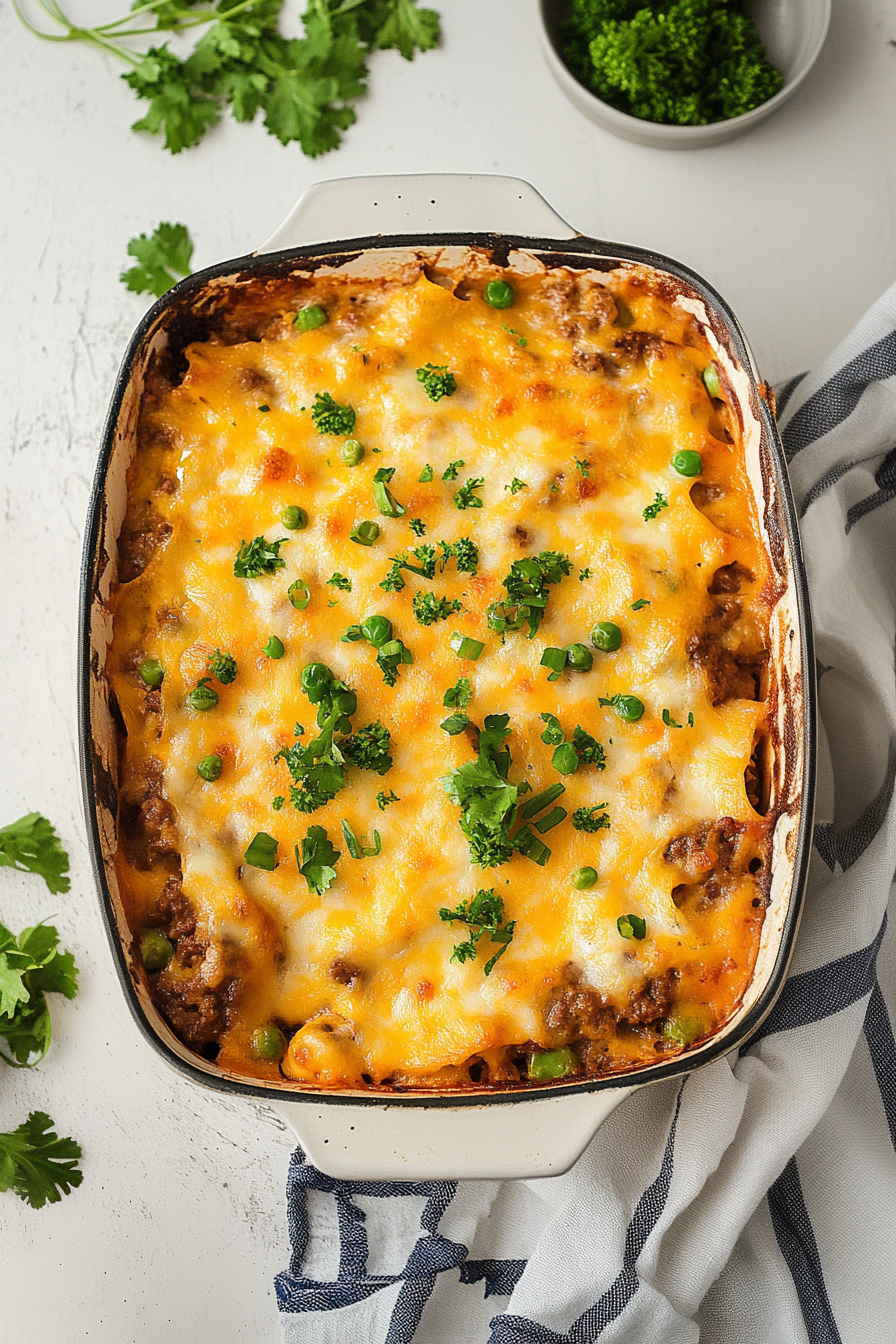Finished beef casserole fresh from the oven with melted cheddar on top.