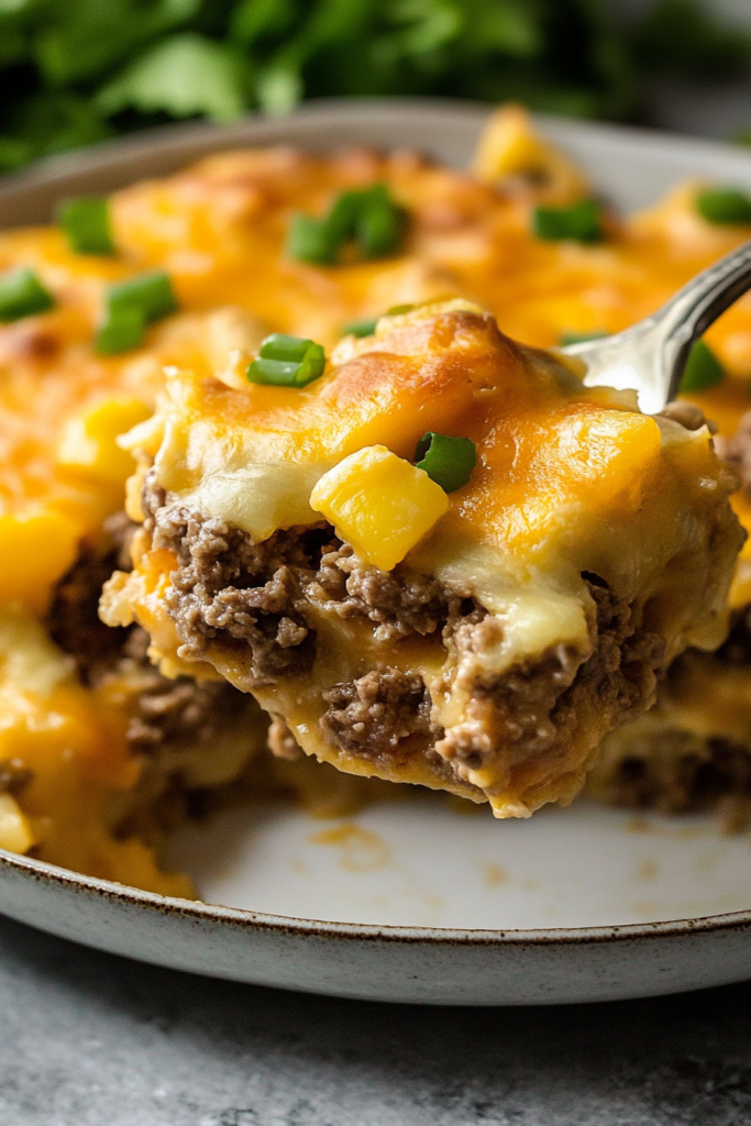 Close-up of hearty beef casserole showing creamy layers and browned cheese.