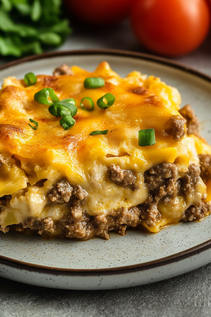 Cheesy beef casserole served on a plate with golden baked topping.
