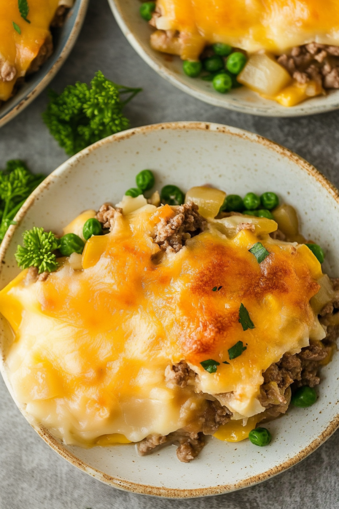 Slice of layered beef casserole with melted cheese and green onion garnish.