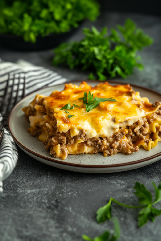 Baked beef casserole with rich layers of meat, potatoes, and cheese.