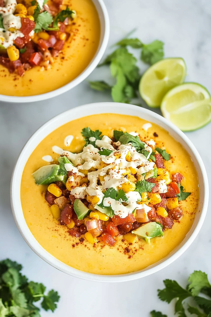 Final plated shot highlighting the golden queso with vibrant toppings and herbs.